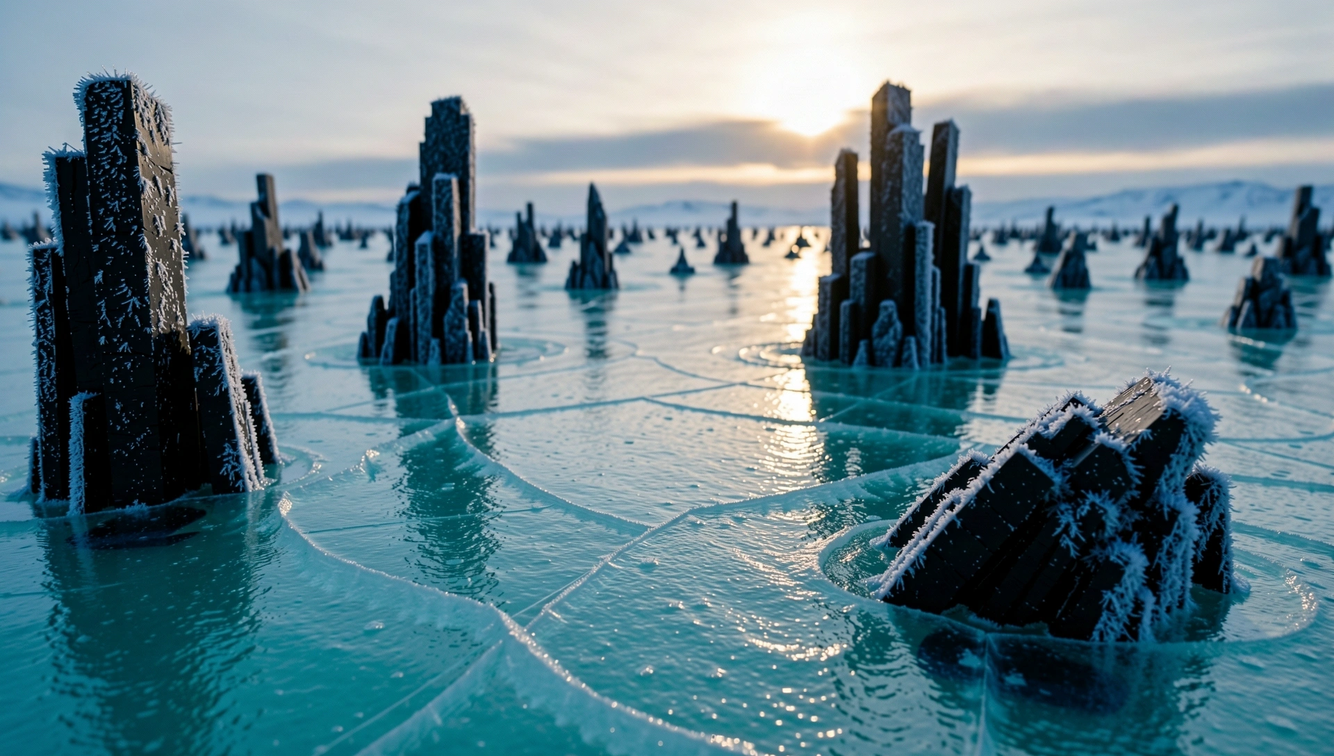 Arctic landscape with obsidian rocks and frozen glacial water