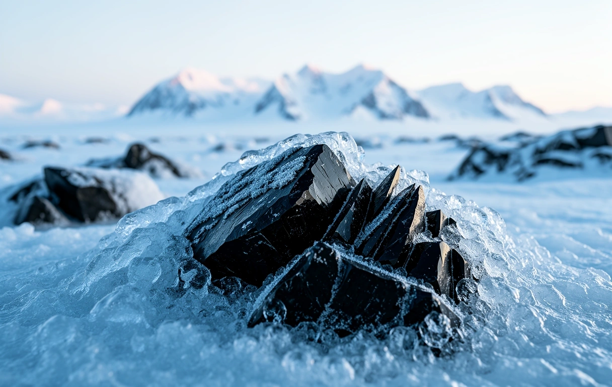 Arctic landscape with obsidian rocks and frozen glacial water